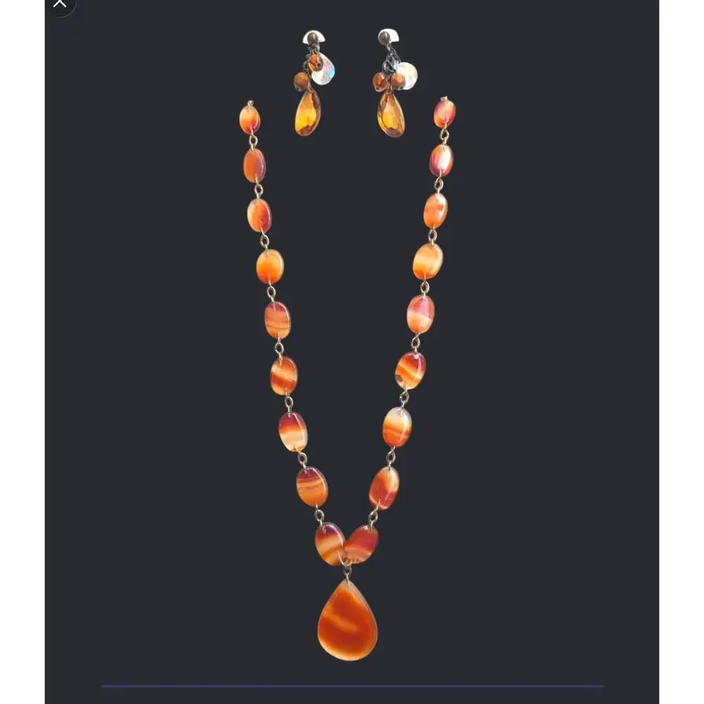 Vintage Carnelian Agate Stone Station Necklace & Teardrop Earrings Jewelry Set